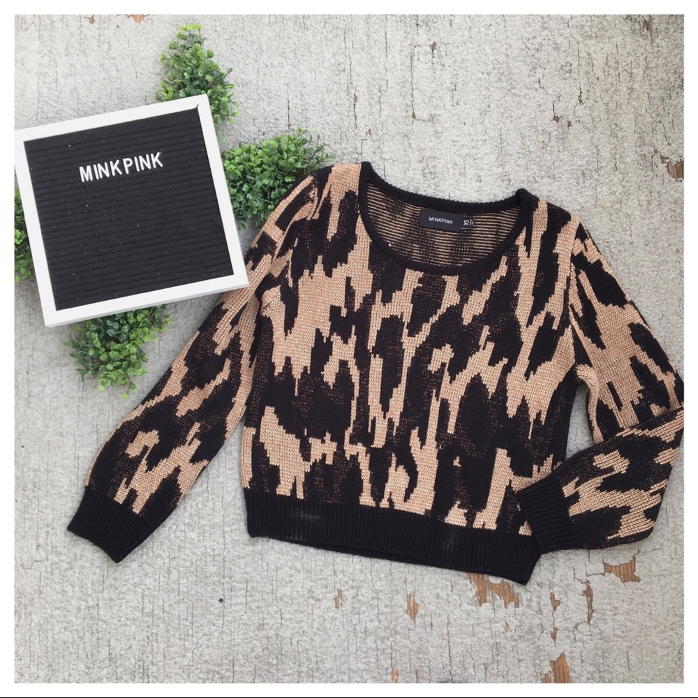 MINKPINK Black and Tan Abstract Crew Neck Sweater